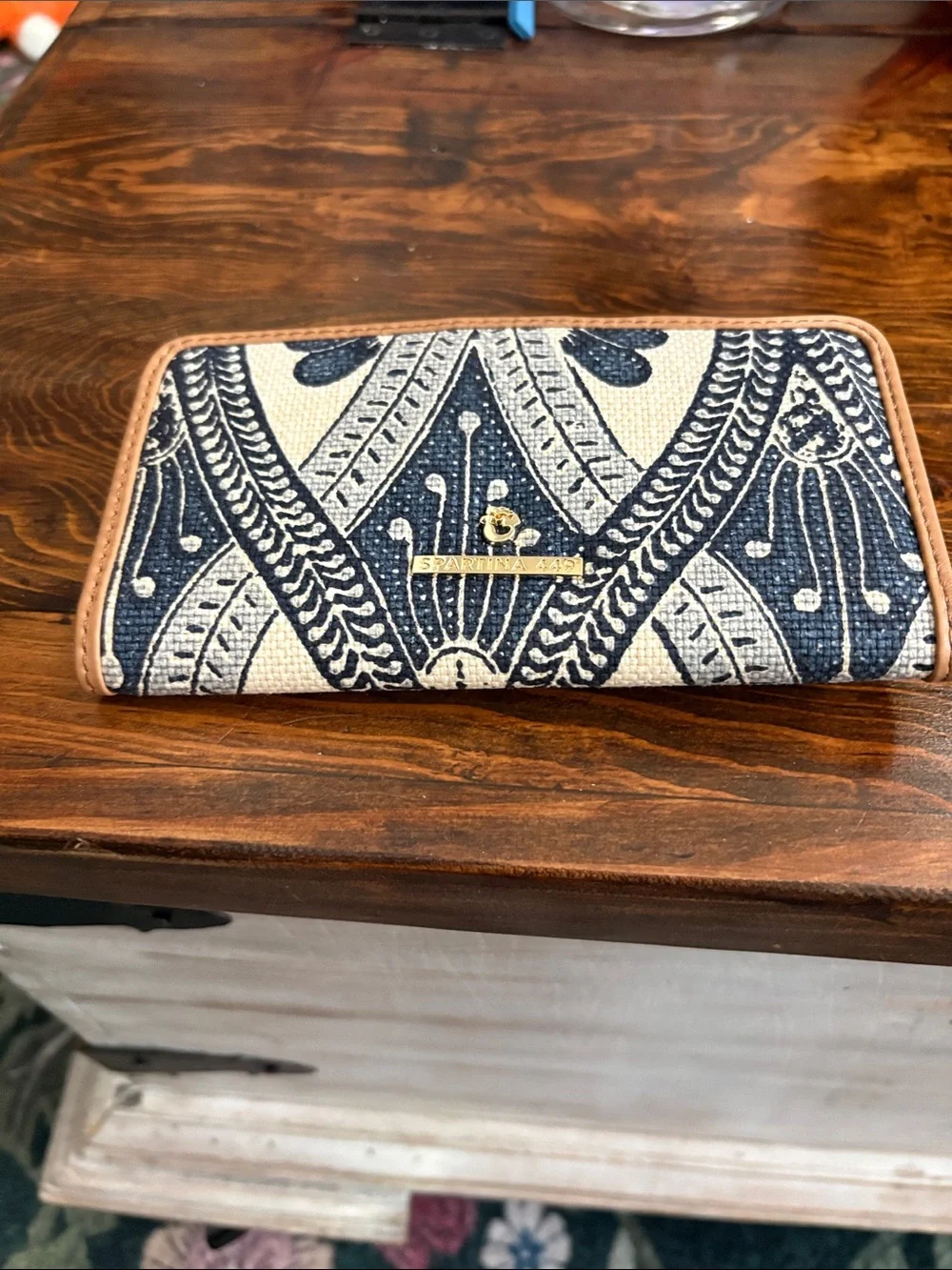 Spartina 449 Navy & Cream Patterned Zip Wallet with Tan Trim